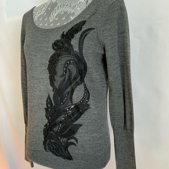 Anthropologie Med PETITE Angel of the North Charcoal & Black Embroidered Sweater - Picture 3 of 11